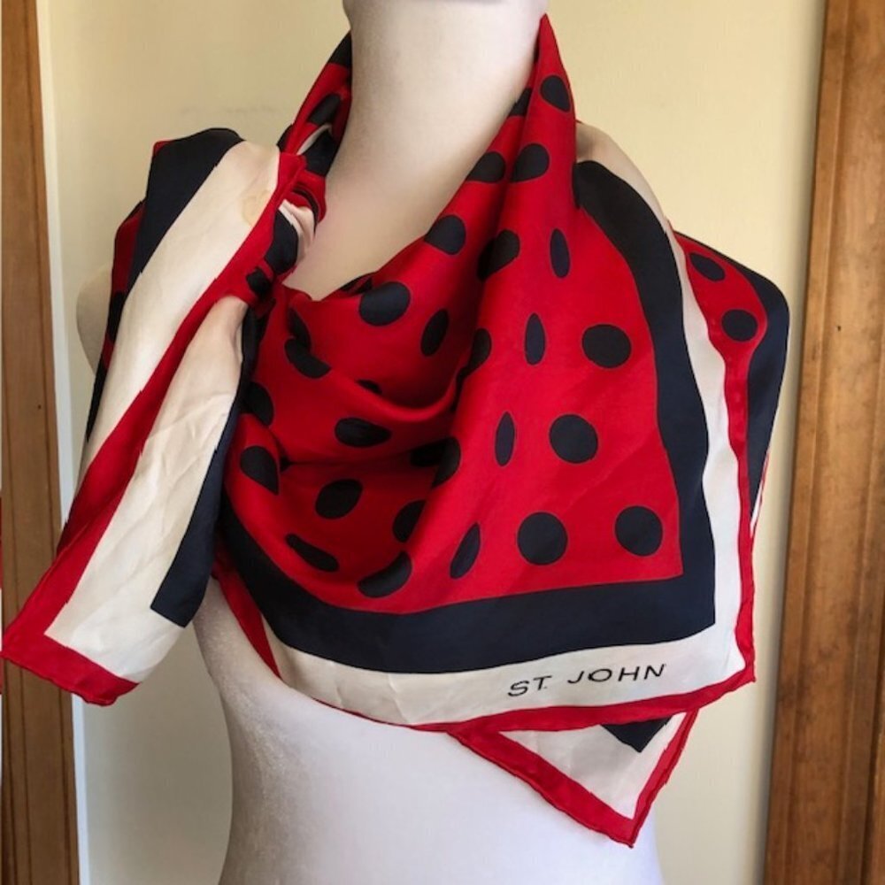 ST. JOHN Red White Blue Polka Dot Square Scarf Vintage Rare